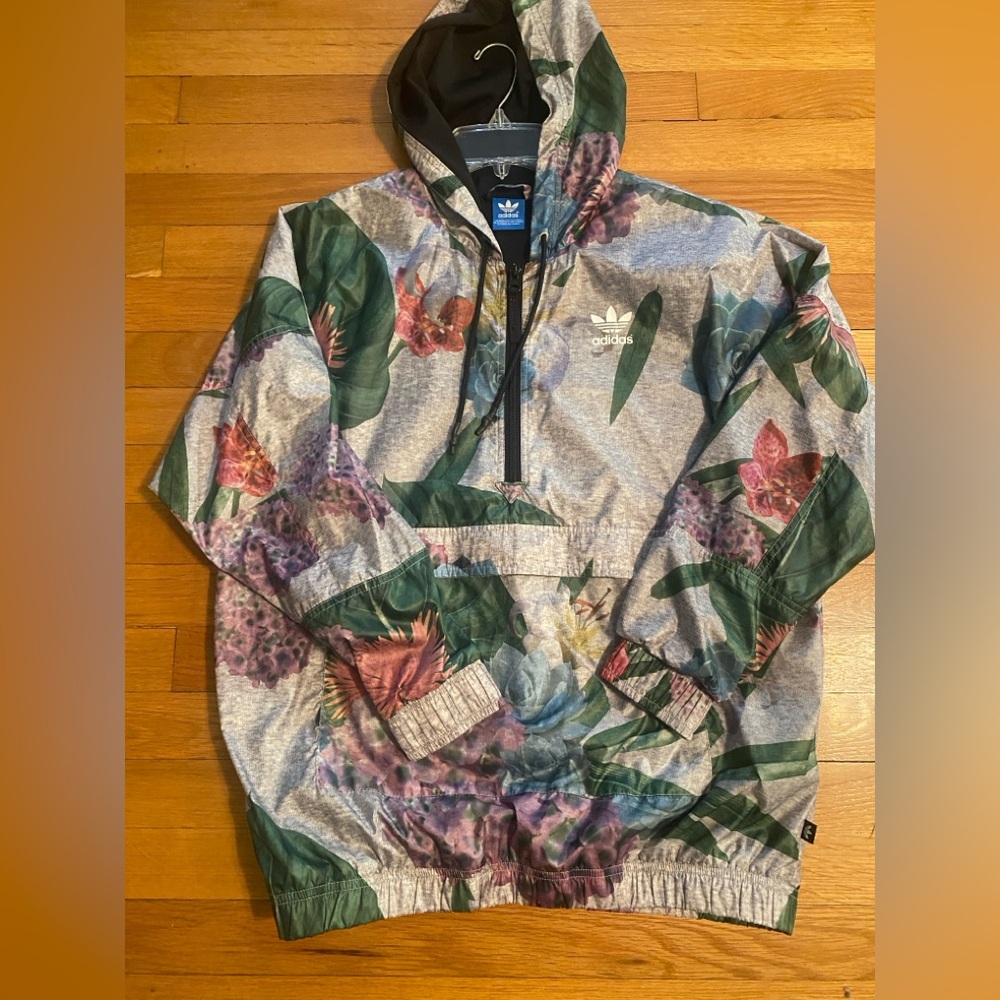 Adidas Gray Hoodie with Green and Purple Floral Design SIZE SMALL